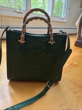 Dark Green Croc-Embossed Bamboo-Handle Satchel. Beautiful bag. Perfect condition
